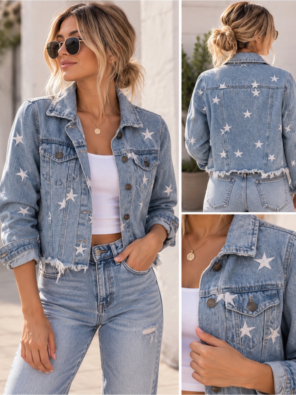 Star Embroidered Cropped Denim Jacket - Light Blue